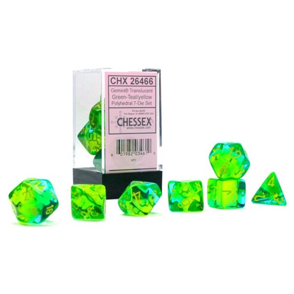 Time2Play Cube Gemini Translucent Green & Teal Dice with Yellow Numbers, Set of 7 TI3295622 - main